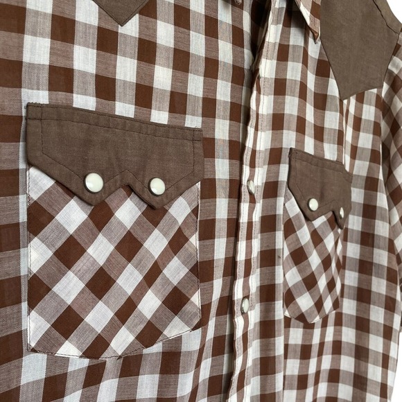 60s 70s Brown White Check Plaid Pearl Snap Short Sleeve Shirt Double Yoke Pocket - Picture 3 of 4
